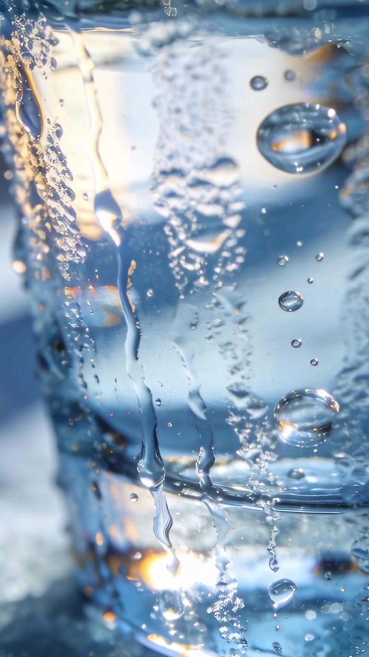 Video verticale: Rilascio di gas, vetro che bolle e goccioline che scivolano sul tavolo, con un bagliore blu-oro.