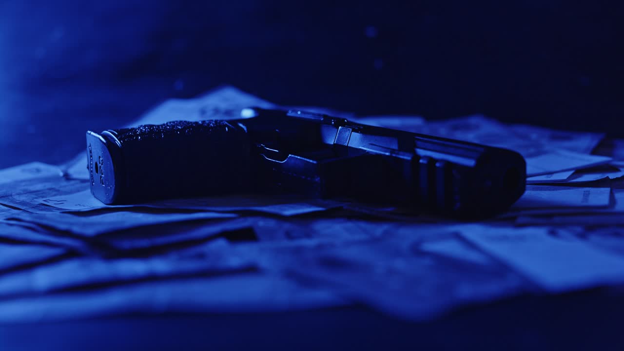 Luci della polizia lampeggianti illuminano una pistola su una pila di denaro - carrellata in avanti