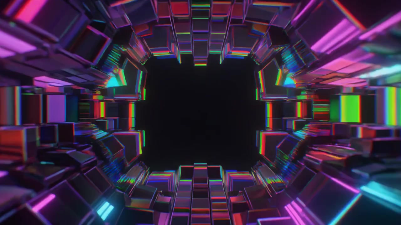 Abstract Tunnel of Glowing Neon Cubes Moving Through Space