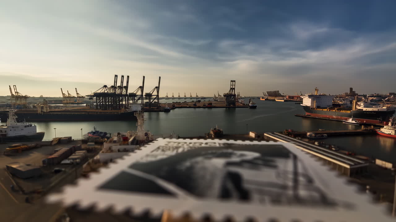 A bustling port with cranes and ships