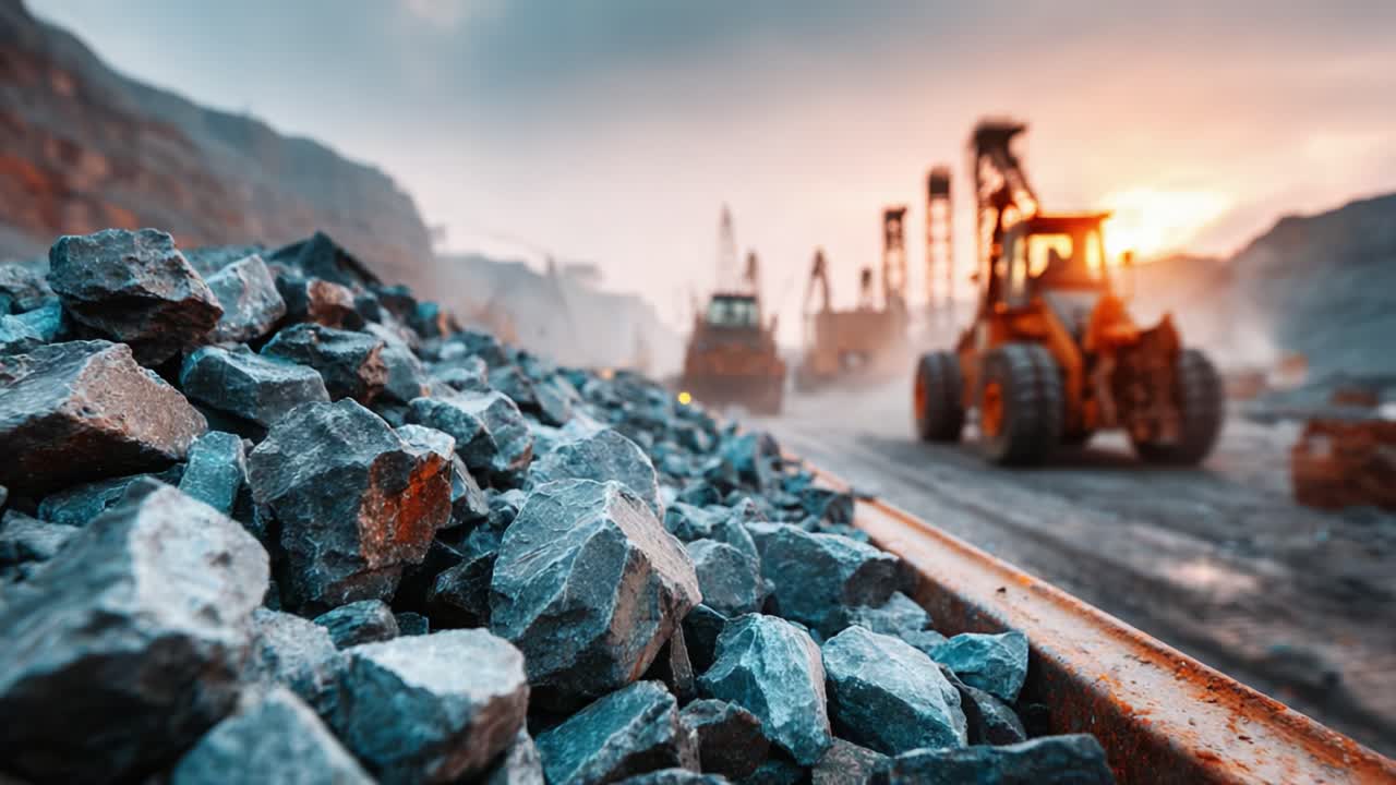 Dramatic Landscape of Heavy Machinery in a Quarry: Excavators and Haulers Amidst a Pile of Crushed Stone Against a Sunset Sky