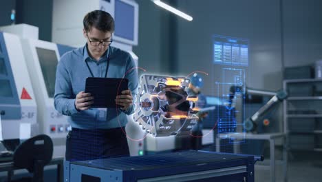 factory office facility: chief engineer developer holds tablet computer, examins augmented reality model of an electric generator. modern industry 4.0 research and development center.