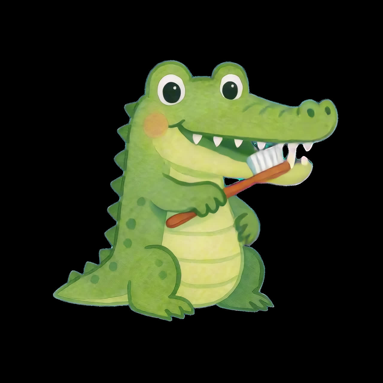 Cute crocodile brushing teeth animation isolated asset, transparent 4K video, alpha channel, ProRes