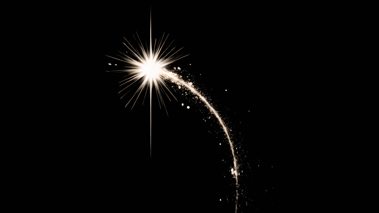 Bright shooting star in sky animated overlay, transparent 4K video, alpha channel, ProRes 4444