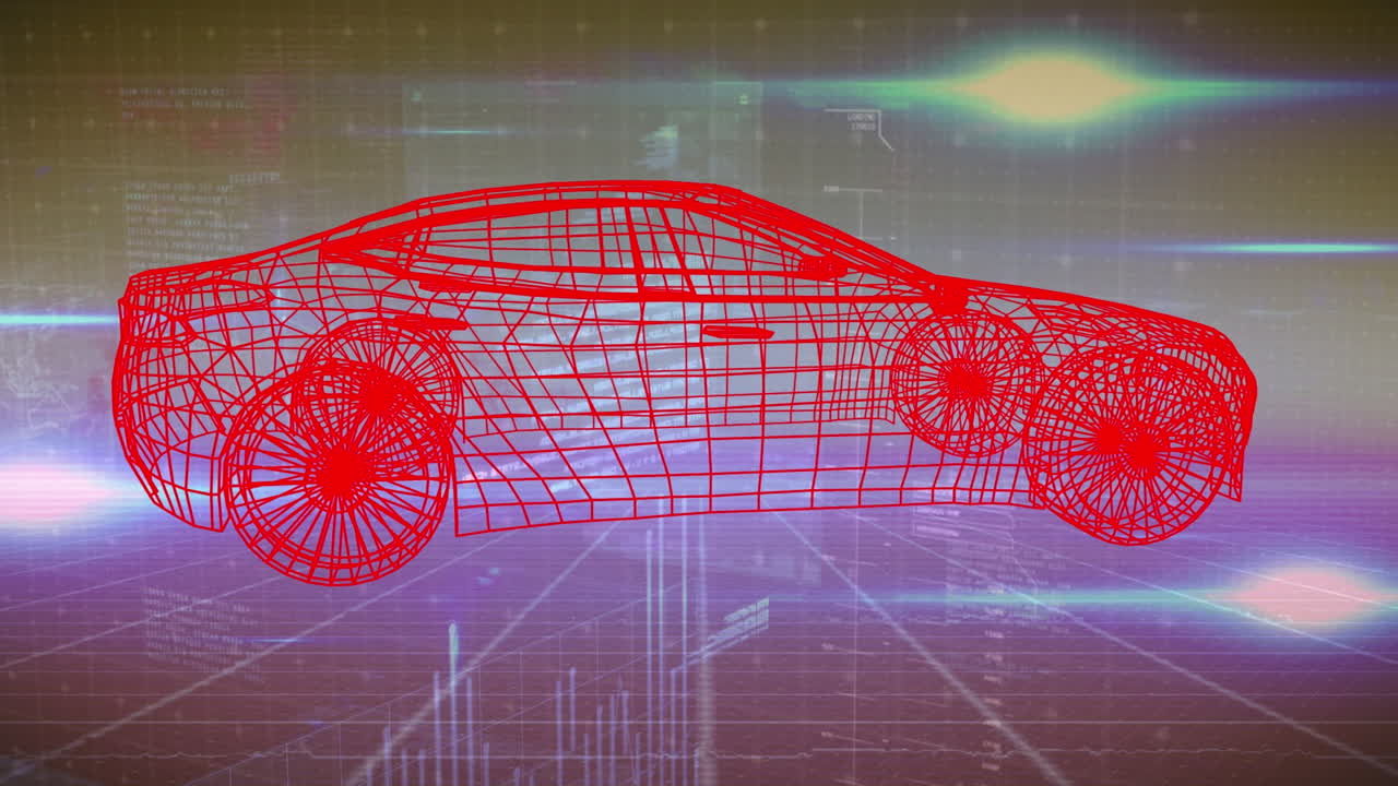 분홍색과 노란색 공간에서 회전하는 자동차 프로젝트의 애니메이션
