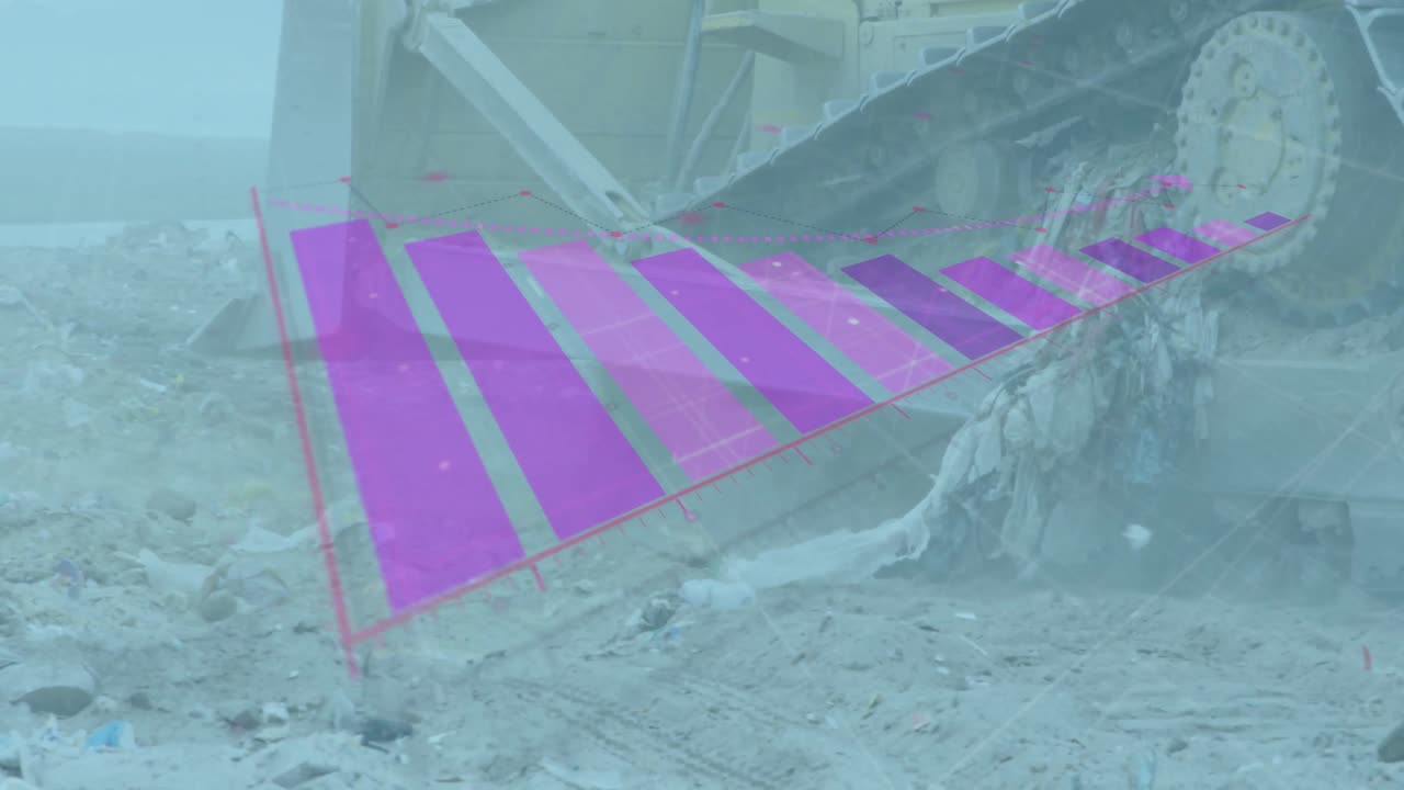 vídeo compuesto digital del procesamiento de datos estadísticos contra una excavadora que trabaja en un vertedero