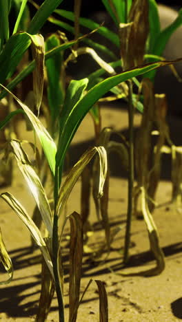 close-up of a corn field with dry leaves