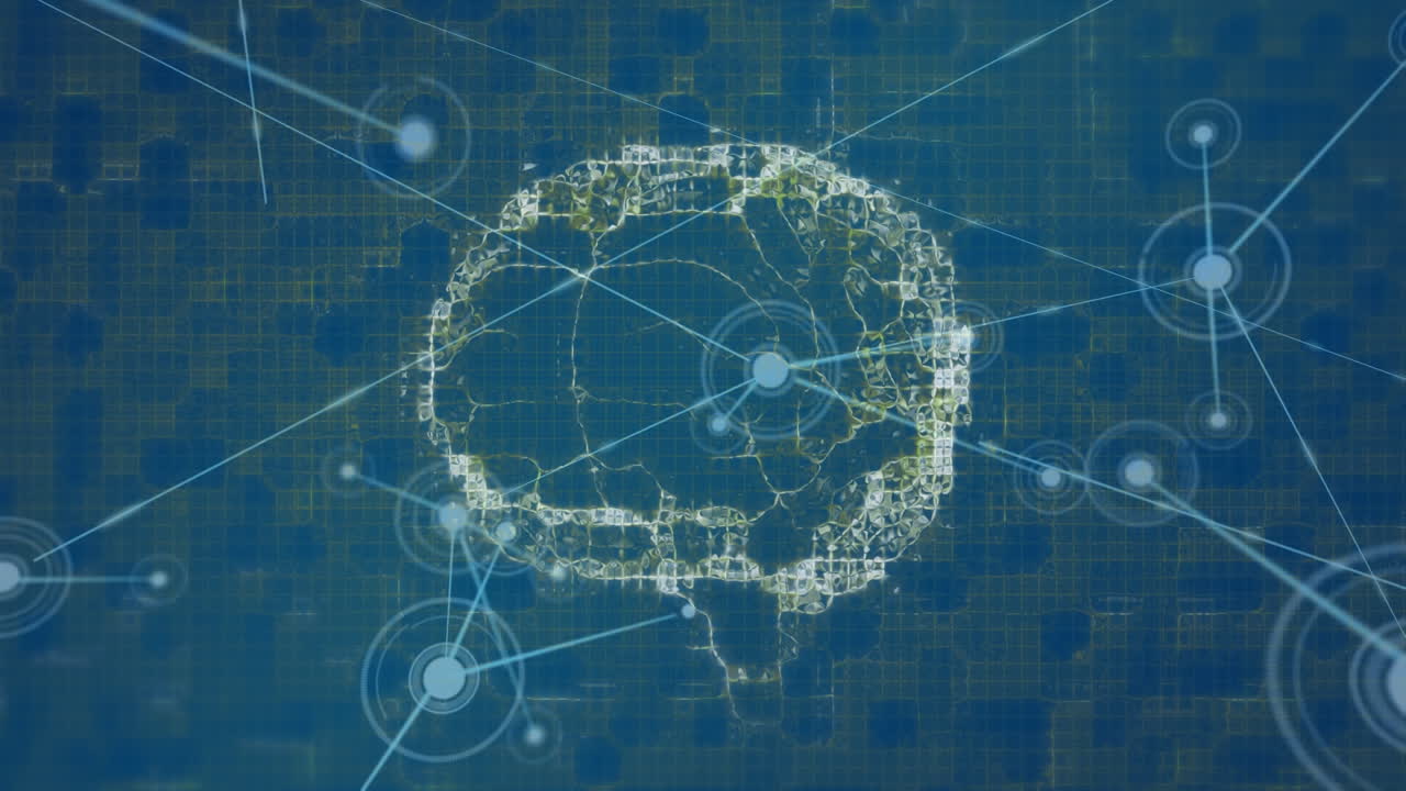 Animation of human brain and networks of connections on blue background