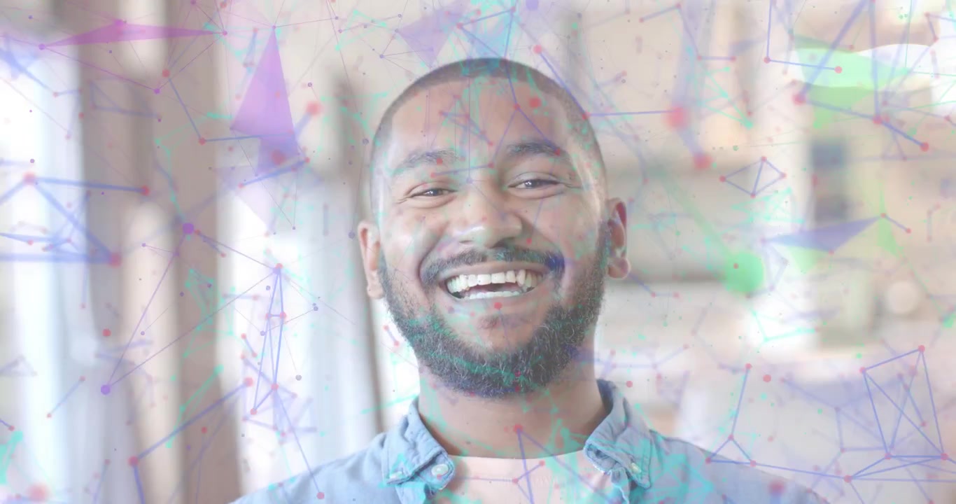 Man standing in front of window while network drifting around him causing laughter in tech demo