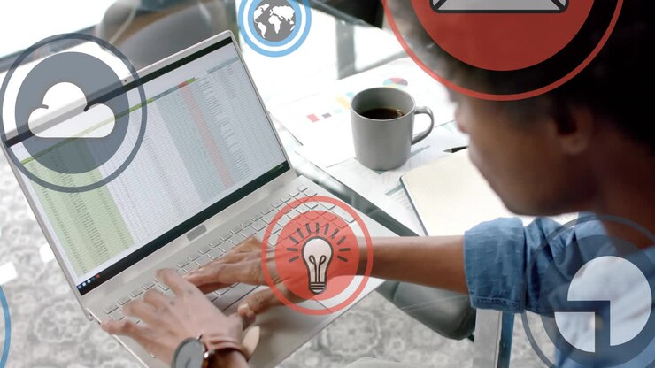 Animation of digital icons processing over african american businessman in office