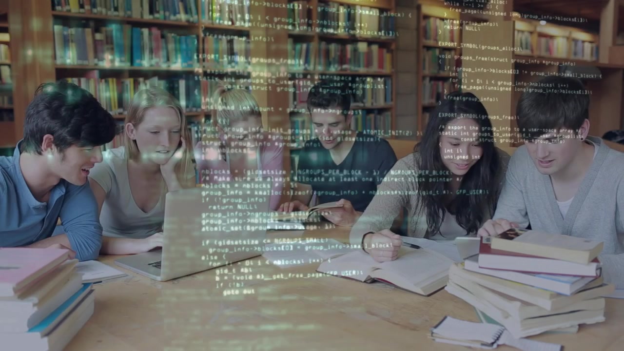 Group of Students Studying Together in a Library with Digital Code Overlay