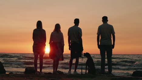 silhouettes of people and a dog watching the sunset over the water