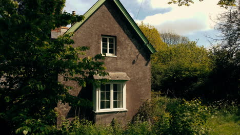 Panning-drone-shot-of-a-house-with-overgrown-trees-and-plants-in-the-foreground