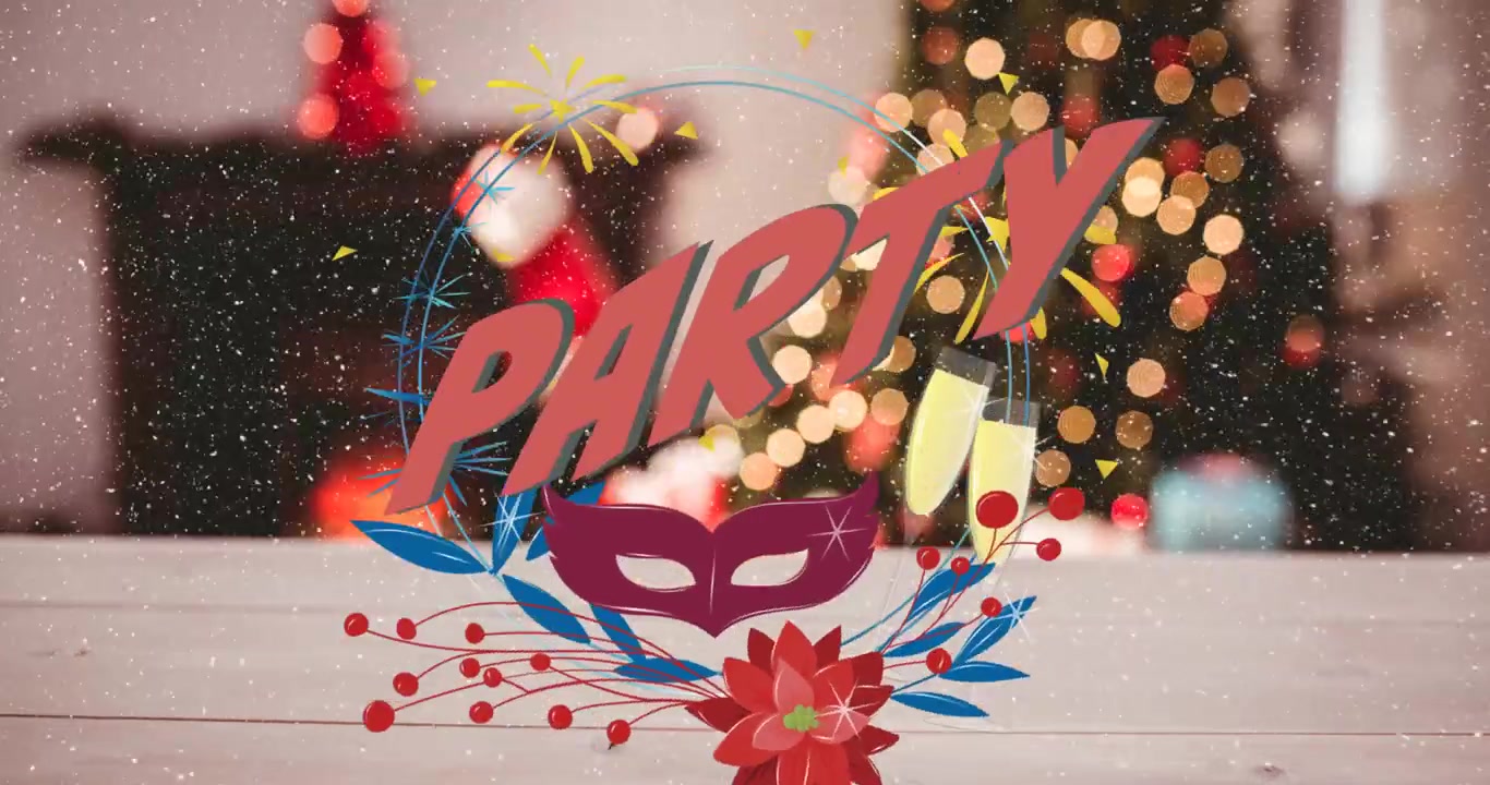 Animation af snefald over et festtekstbanner mod et dekorativt juletræ.