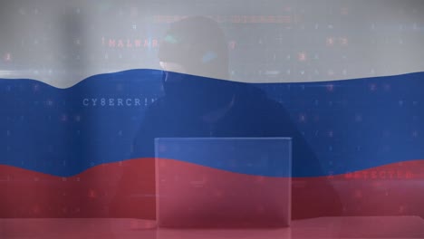 animation of caucasian male hacker over flag of russia