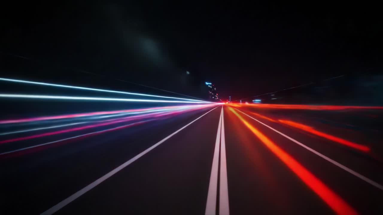 An exhilarating display of motion captured in two frames, showcasing vibrant light trails and the dynamic speed of movement on a night road, highlighting urban energy