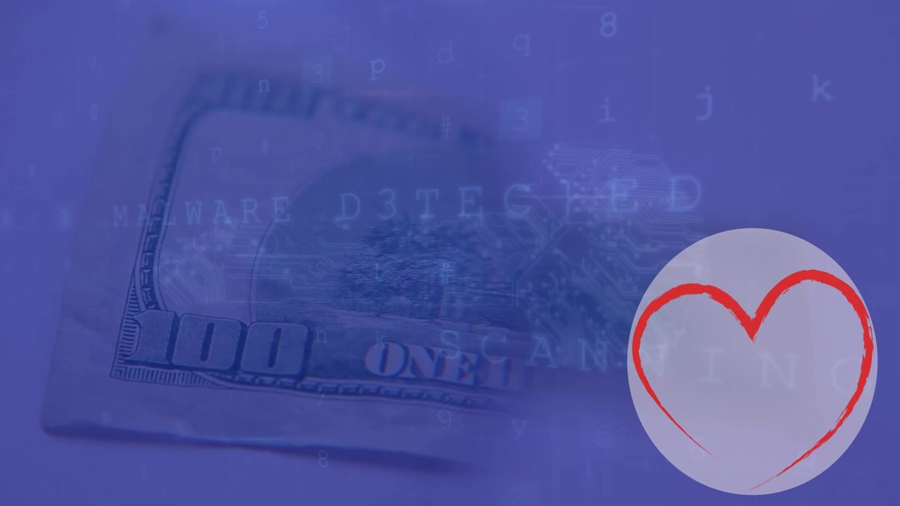 Animazione di elaborazione dati e un cuore su banconote.
