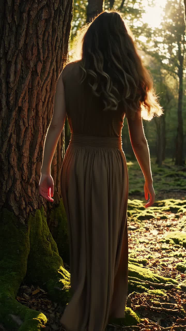 Woman Walking Through a Sunlit Forest | Premium Stock Video Footage
