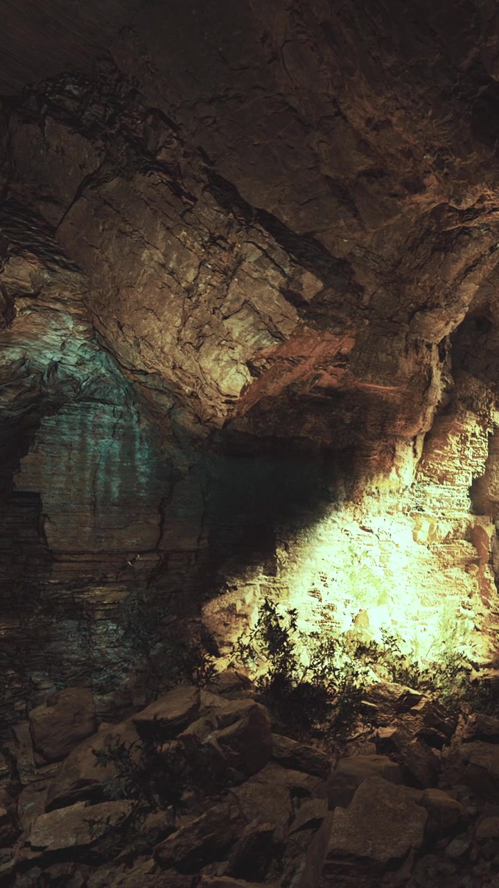 La luce illumina le rocce in una grotta con piante alla base durante il giorno.