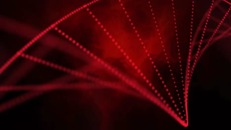 animation of white particles forming a dna structure and red digital wave against black background