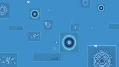 animación de escáneres redondos y procesamiento de datos contra un fondo azul con espacio de copia