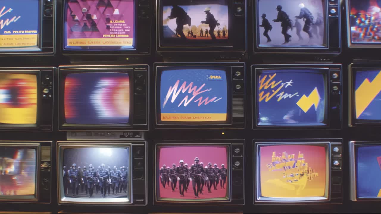 Footage of stacked retro CRT televisions playing colorful glitch screens, abstract graphics, and silhouettes of soldiers, creating a media overload and surveillance concept
