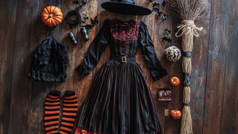 Halloween-Witch-Costume-Flat-Lay-With-Accessories-On-Wooden-Floor