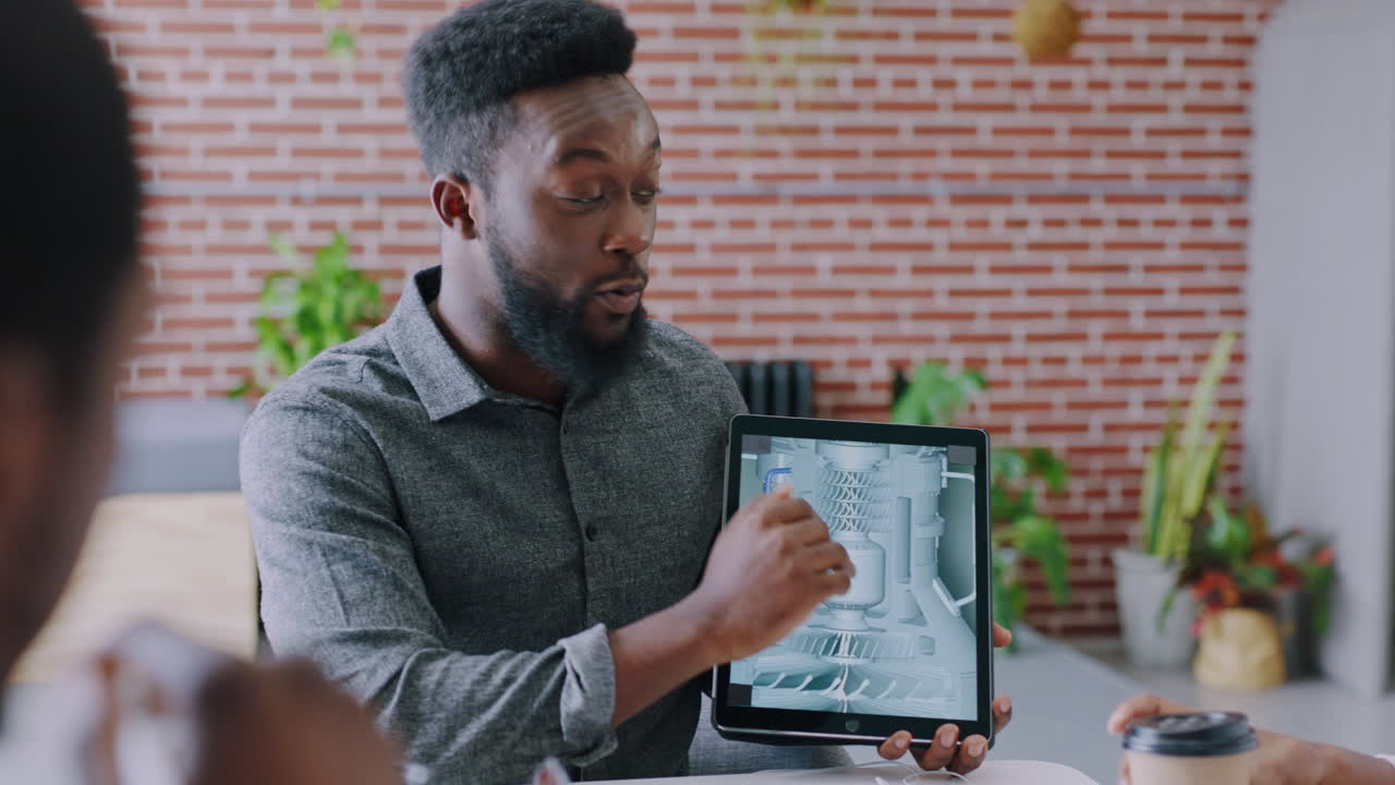 Black man, tablet or engineering presentation