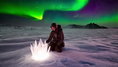 woman exploring the arctic in a snowy landscape under the northern lights and a crystal