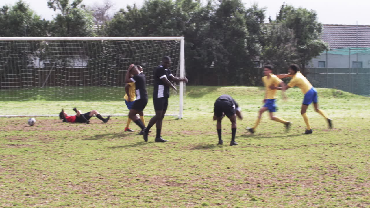 Soccer players celebrating goal on field while opponents show disappointment