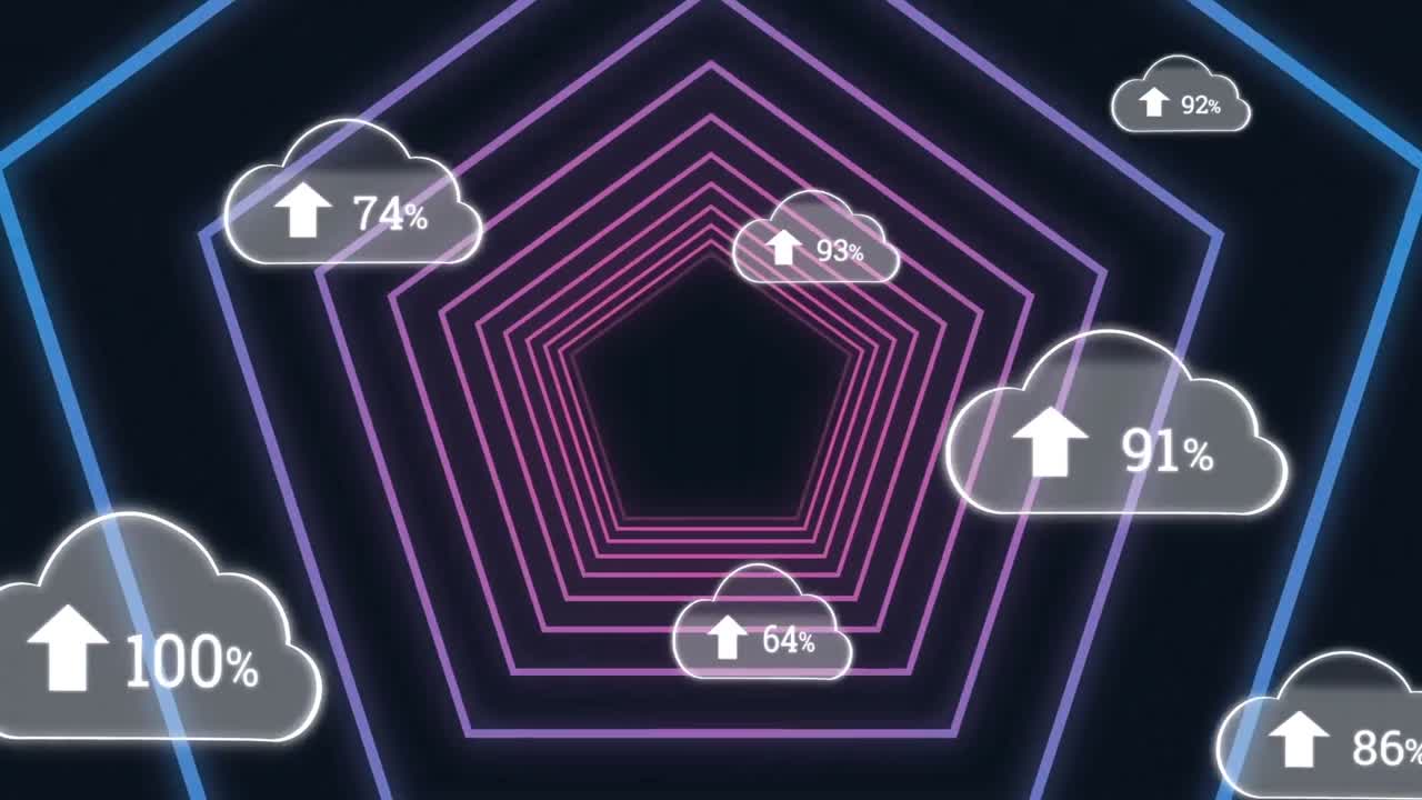 animación de nubes con un número creciente sobre pentágonos de neón