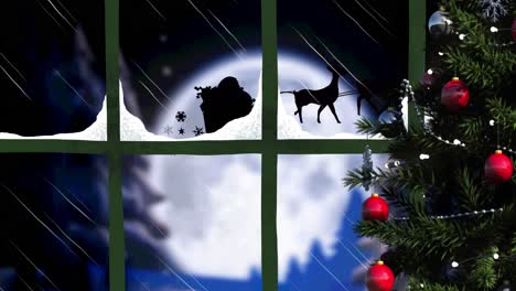 Animation-of-santa-claus-in-sleigh-with-reindeer-seen-through-window-and-christmas-tree