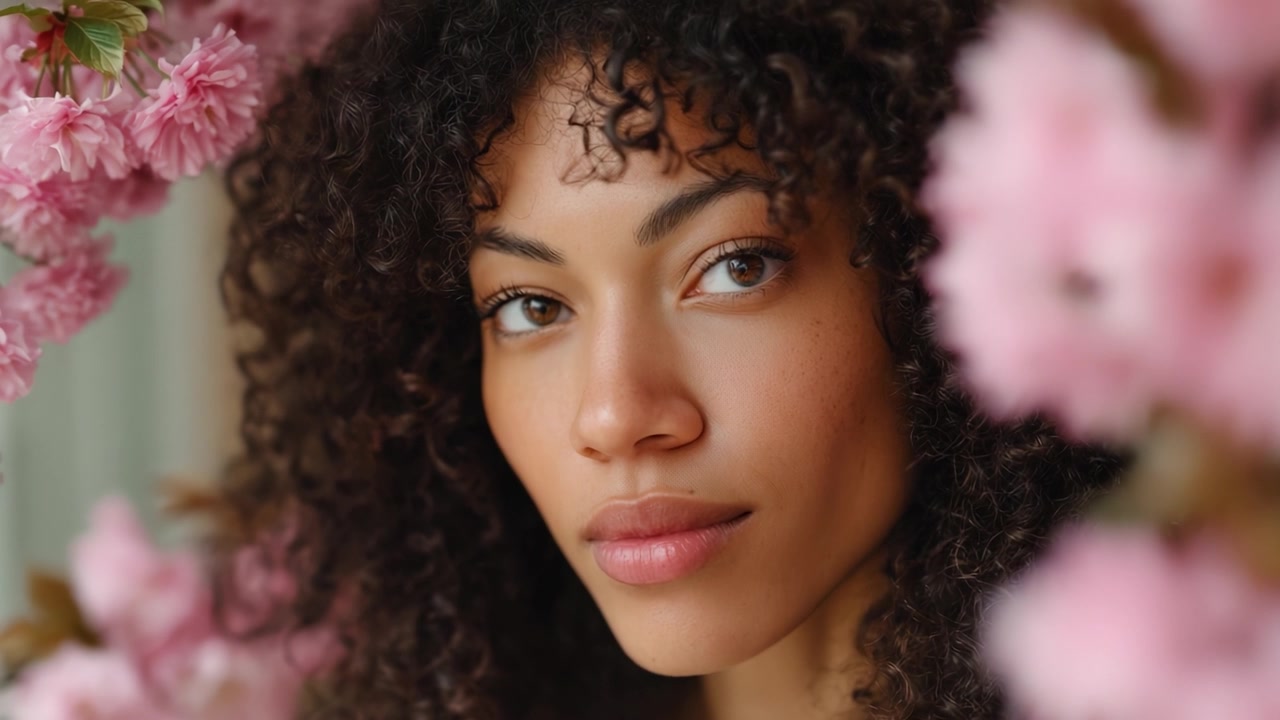 A Beautiful Portrait of a Young Woman Surrounded by Delicate Pink Flowers, Capturing Her Natural Beauty and Charming Smile in a Soft, Floral Setting.