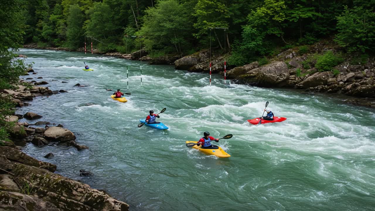 Emozionante avventura di kayak in acque bianche: un gruppo di canoisti che naviga rapide attraverso una vegetazione lussureggiante in un suggestivo scenario fluviale.