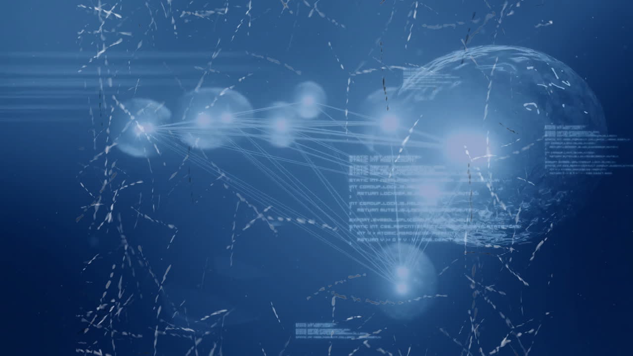 파란색 디지털 배경 위의 연결 네트워크 및 데이터 처리 애니메이션