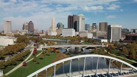 Aerial-reverse-of-Scioto-river-and-downtown-Columbus,-Ohio---Drone-4k