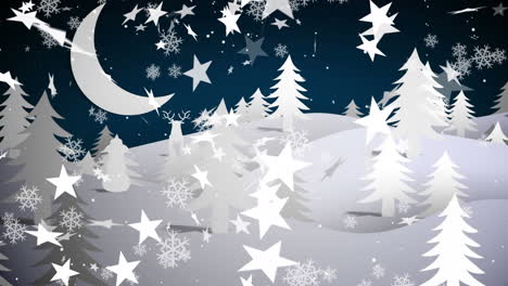 animation of christmas stars falling over night winter landscape with santa sleigh