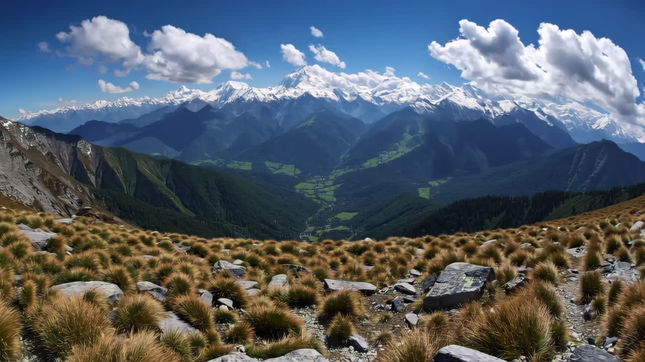 Panoramic View of Majestic Snow-Capped Mountains and Green Valleys