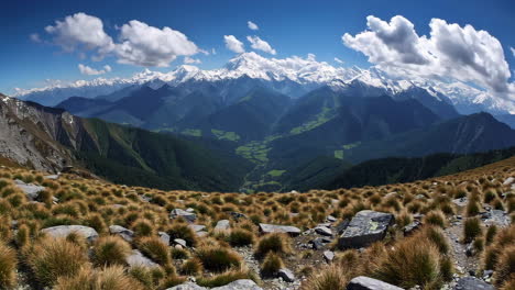 panoramic view of majestic snow-capped mountains and green valleys