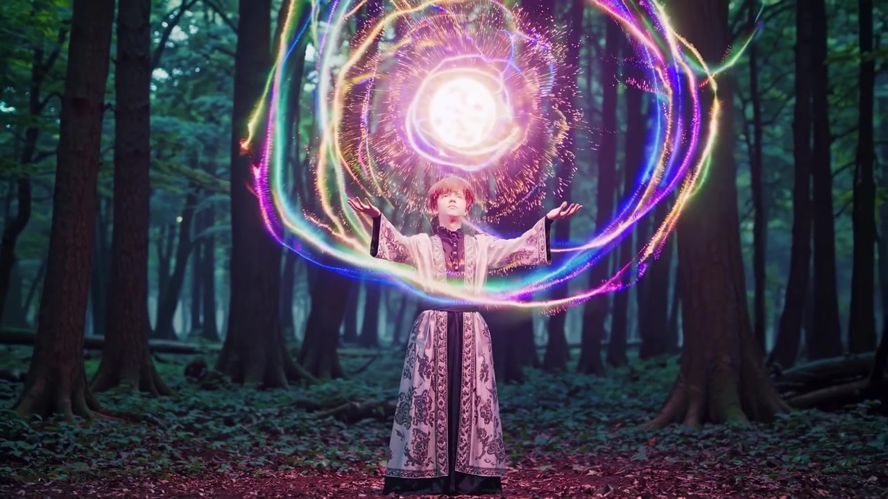 Persona in abiti tradizionali che evoca energia magica in una foresta