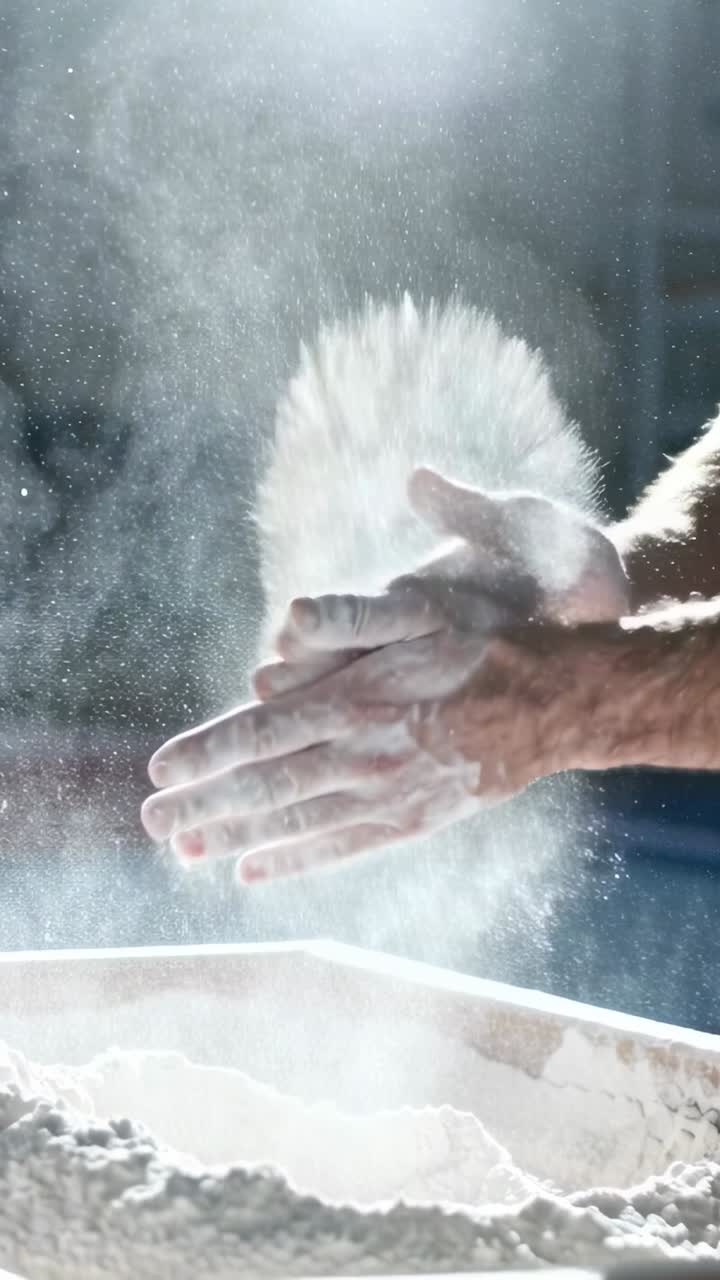 Vertical video: Clapping palms sending powder puffs from man's hands over bench tray drifting down