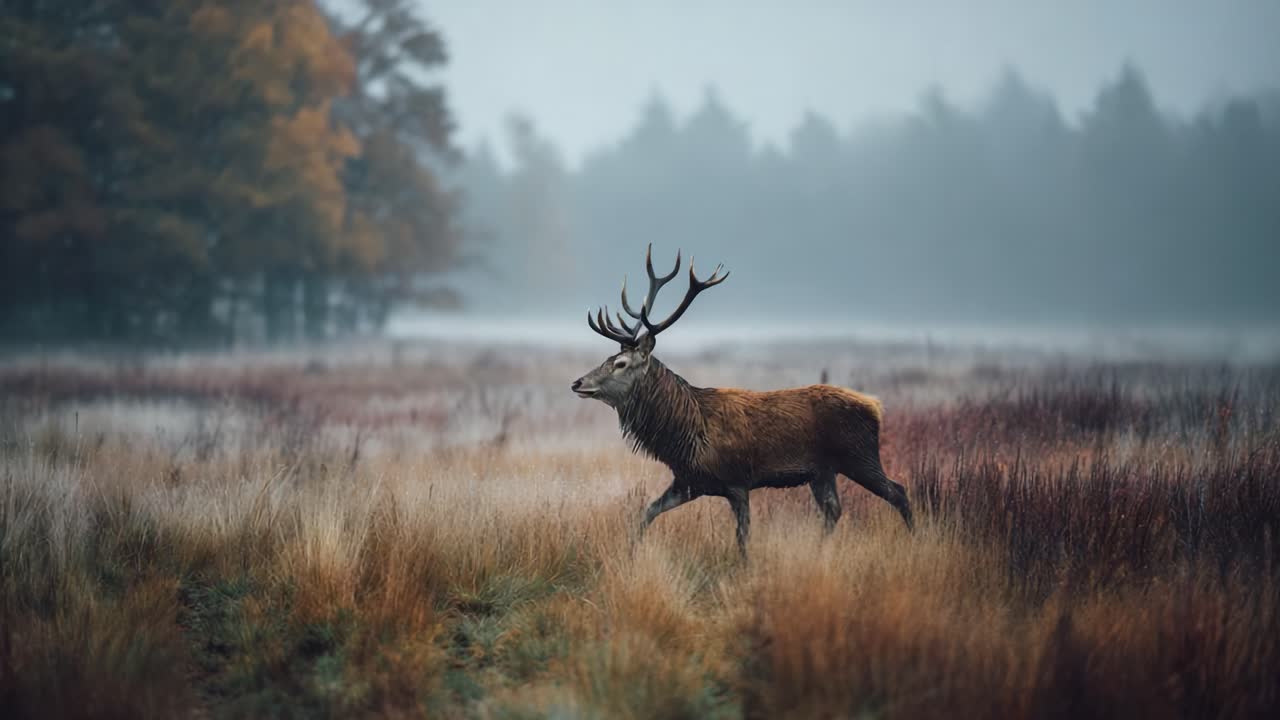A Majestic Stag Gracefully Roams Through a Misty Meadow Surrounded by Vibrant Autumn Foliage and Soft Morning Light in a Serene Natural Landscape