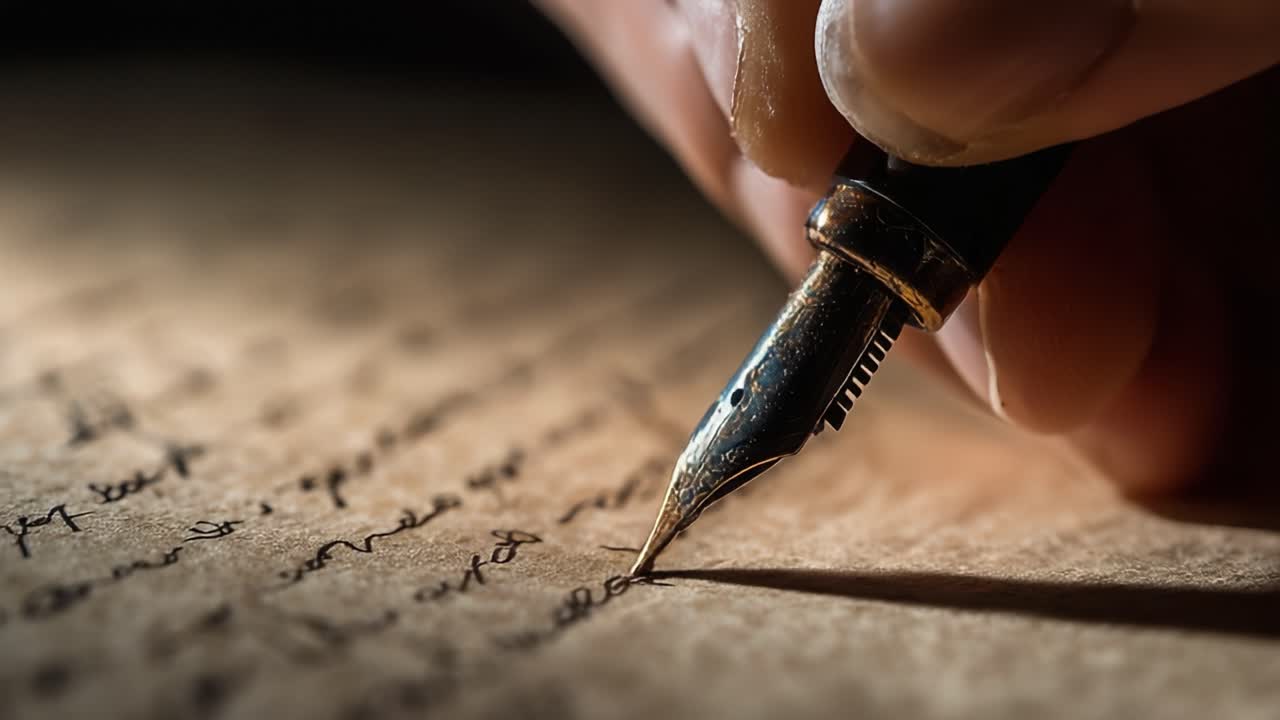 An Intimate Moment of Writing: The Elegance of a Handcrafted Fountain Pen Capturing Thoughts on Paper as the Ink Flows Smoothly, Revealing the Beauty of Handwritten Expression and Creativity