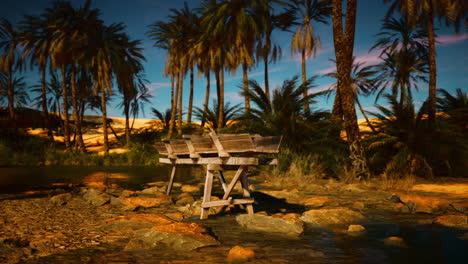 a wooden bench sits in the middle of a desert oasis, with palm trees and sand dunes in the background.