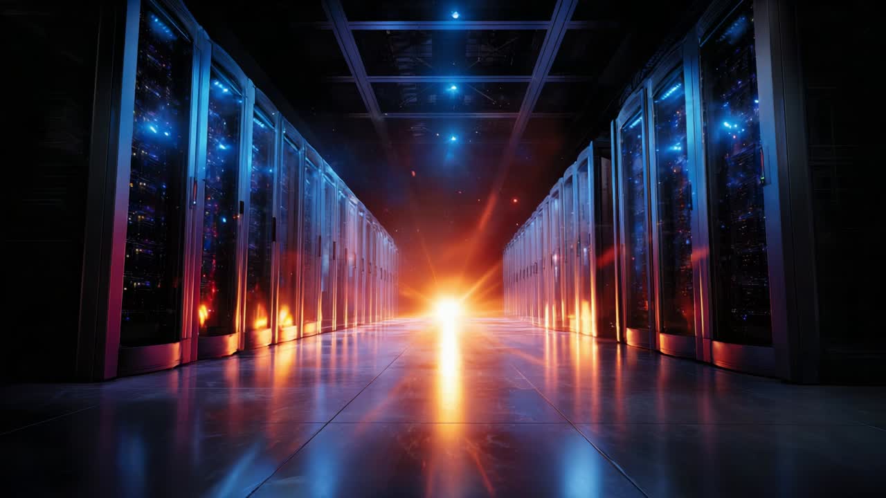 Exploring the Depths of a Modern Data Center: A Glorious View of Server Racks Illuminated by Vibrant Lights and High-Tech Equipment, Showcasing the Future of Information Technology and Data Management