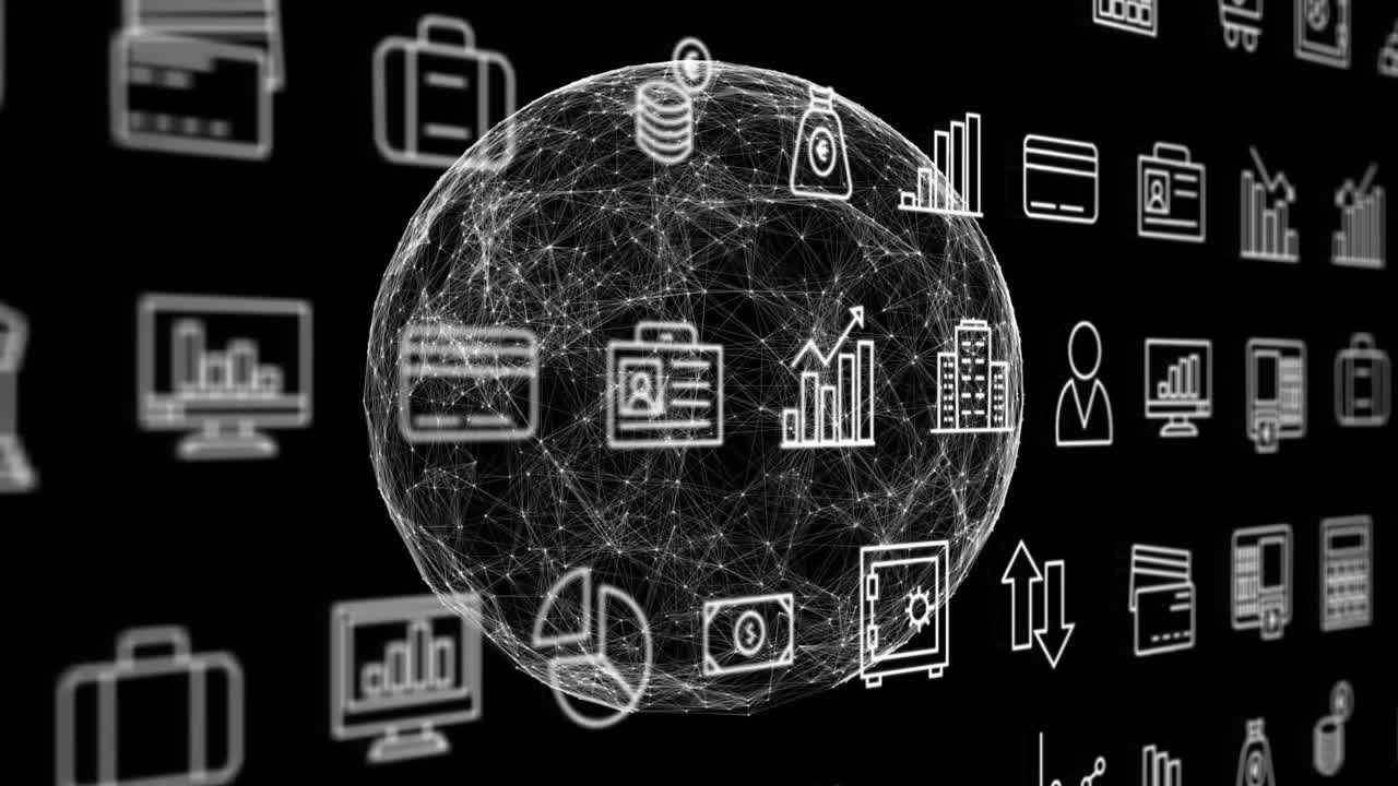 Node connection forming wireframe sphere rotating and revealing financial icons for visualization