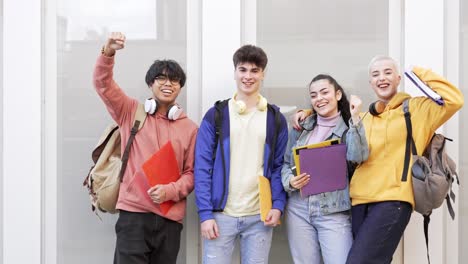 college student friends in the campus ready for exams. students about to academic classes of their university degree