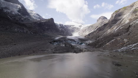 Debris-covered-Pasterze-glacier-at-the-foot-of-Grossglockner-Mountain,-Melting-glacier-lake-due-to-global-warming