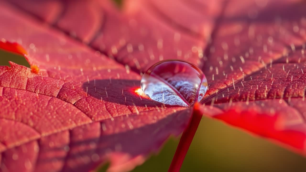 Captivating Close-Up of a Drenched Red Leaf Showcasing a Crystal Clear Water Droplet Nestled at Its Center, Highlighting the Beauty of Nature's Details