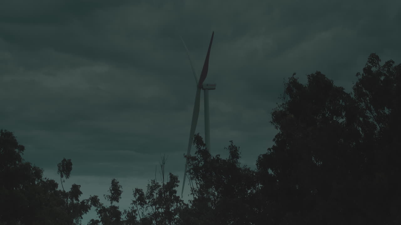 회색 구름이 많은 날 숲 위의 에서 혼자 큰 풍력 터빈의 정적 시각